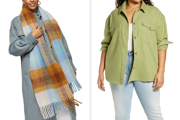 a model wearing an oversized plaid scarf and a model wearing a green shacket