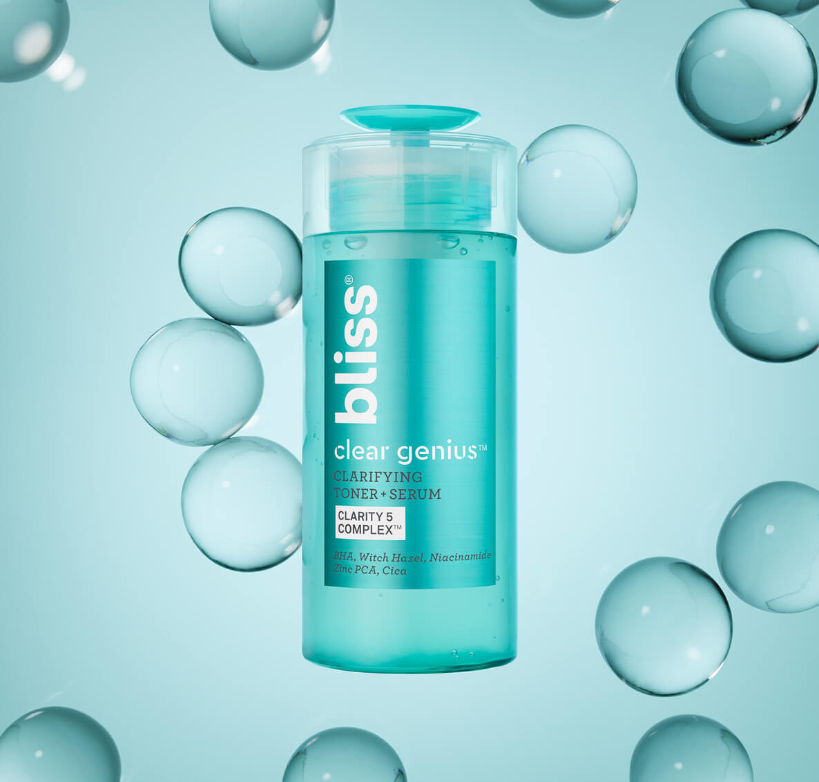 A bottle of toner and serum on a blue bubble background