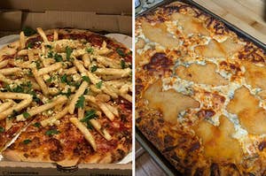 garlic fries on pizza and dino nuggets on pizza