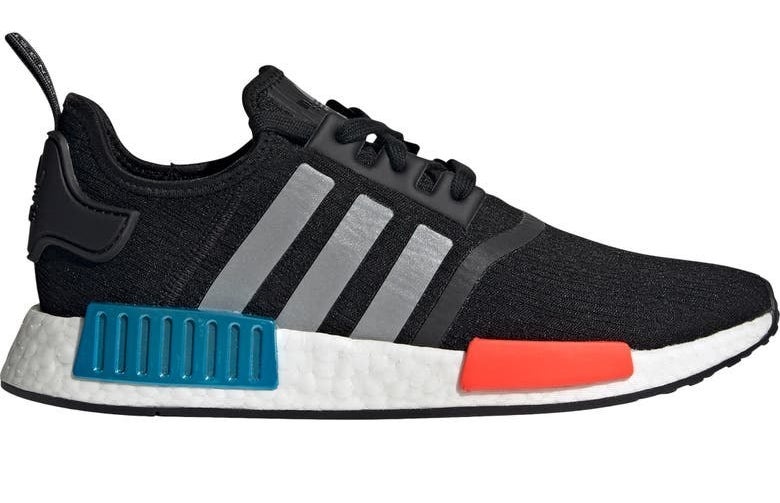 black men&#x27;s adidas sneaker with silver strips, white sole, and blue and orange details