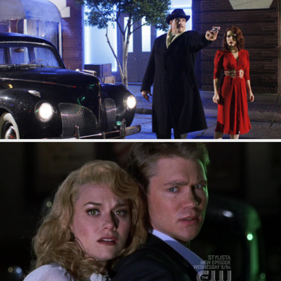 Dan pointing a gun next to Brooke and an old car and Lucas protecting Peyton