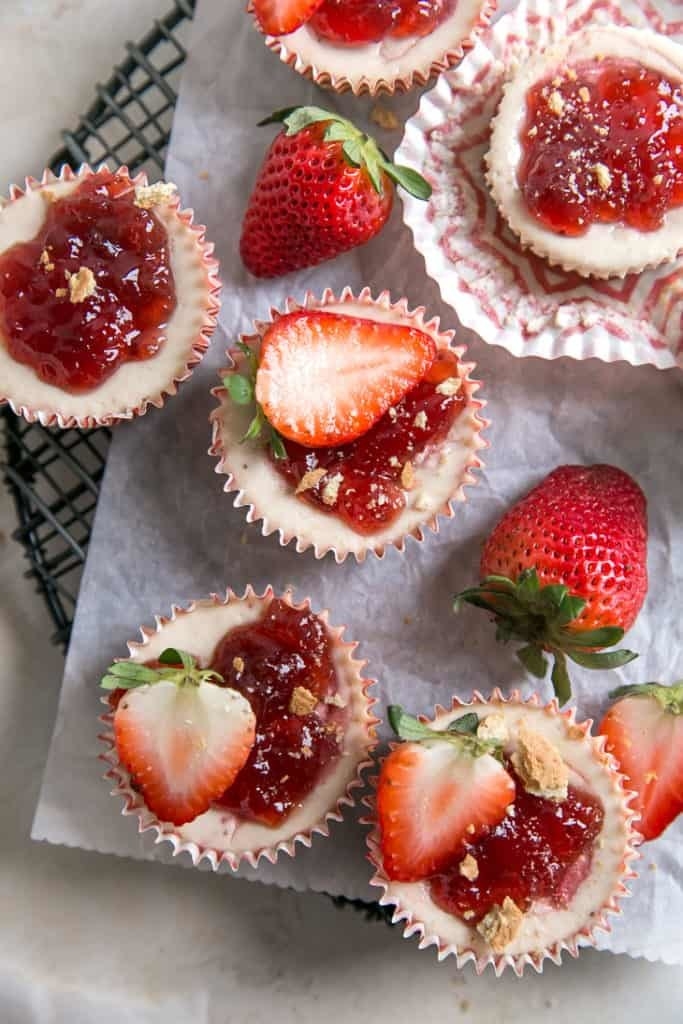 Mini strawberry cheesecakes.