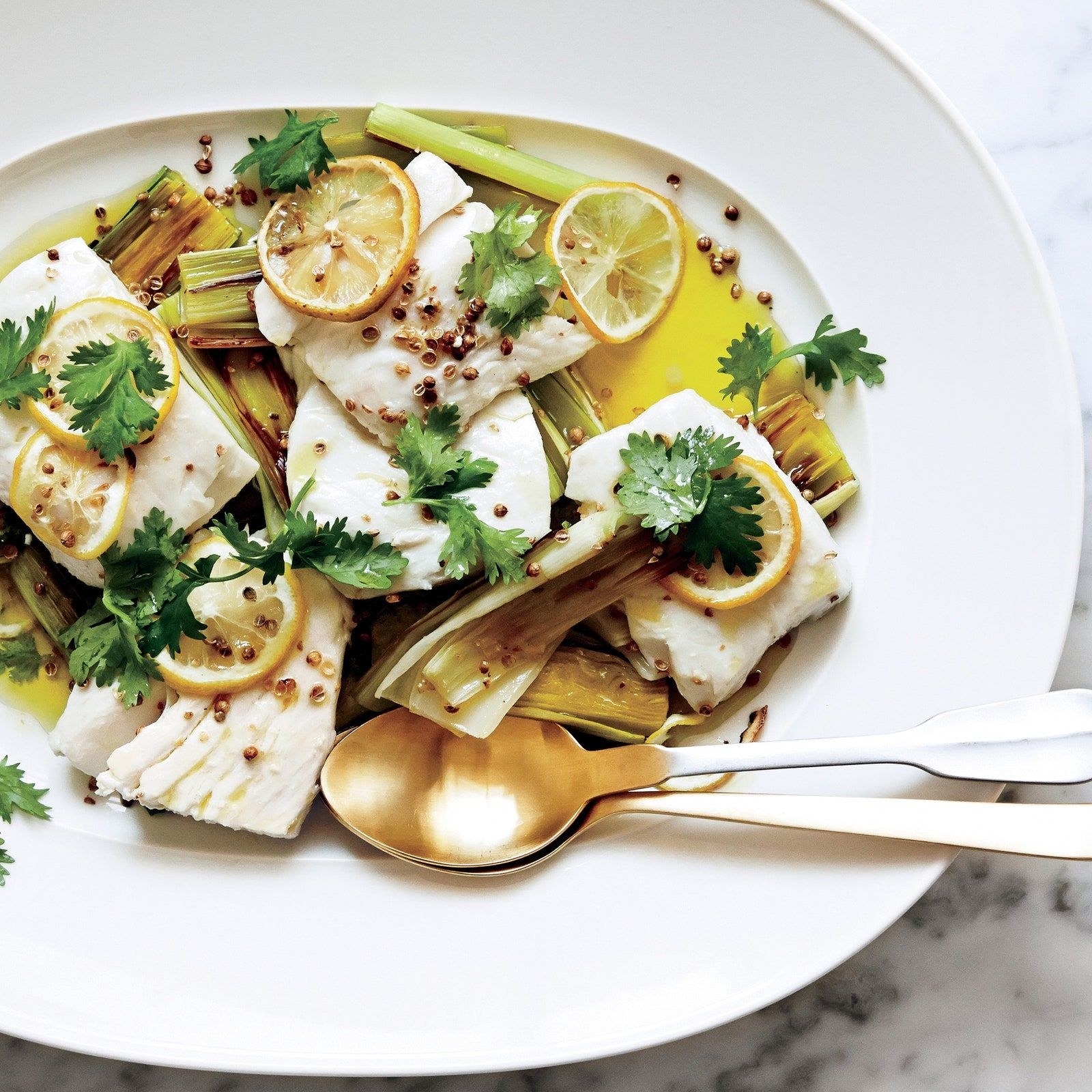 Halibut with leeks and herbs.