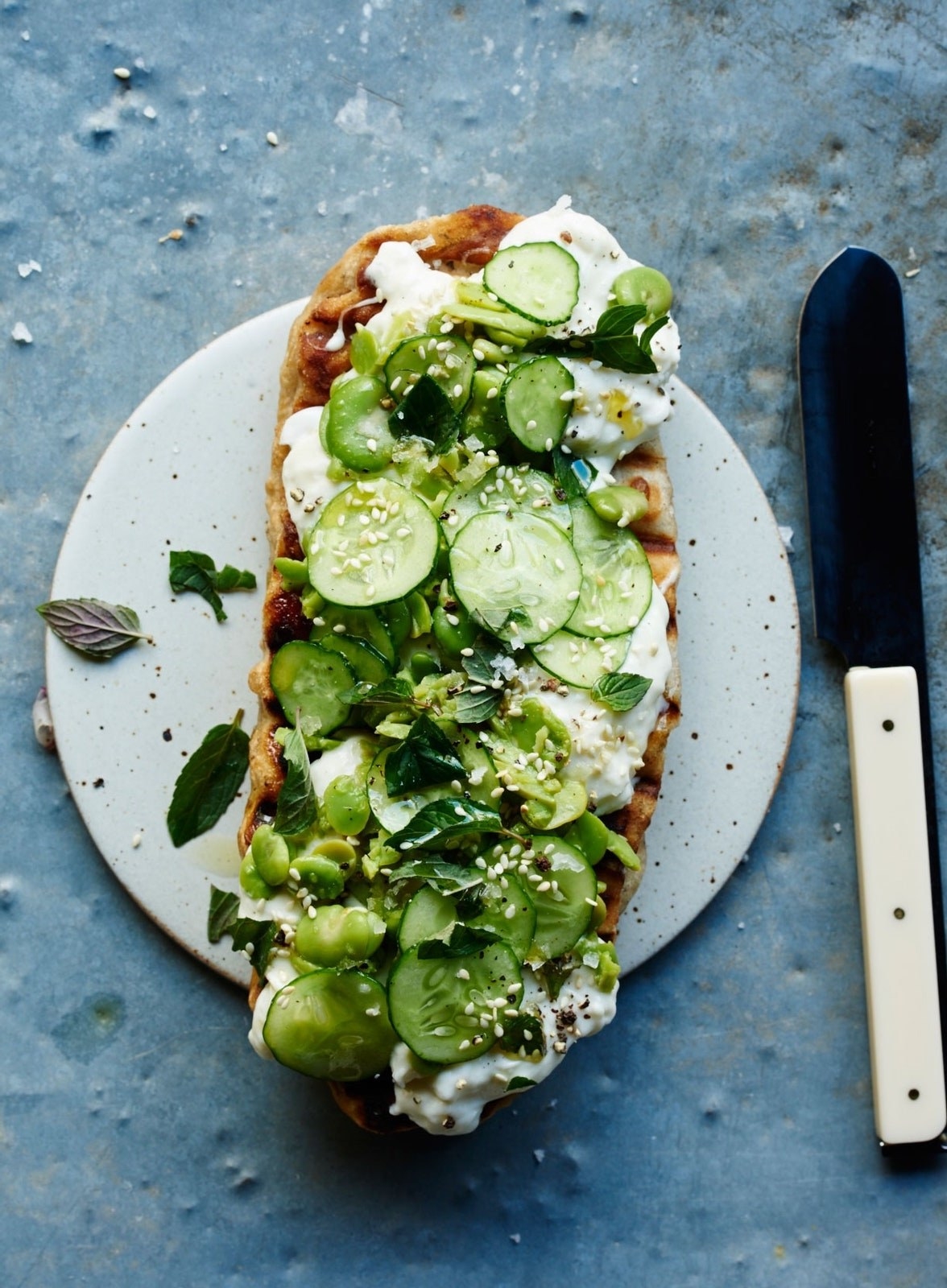 Flatbread with Fava Beans, Cucumbers, and Burrata