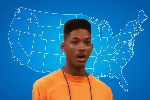 Will Smith from the Fresh Prince looking shocked over a map of the US 