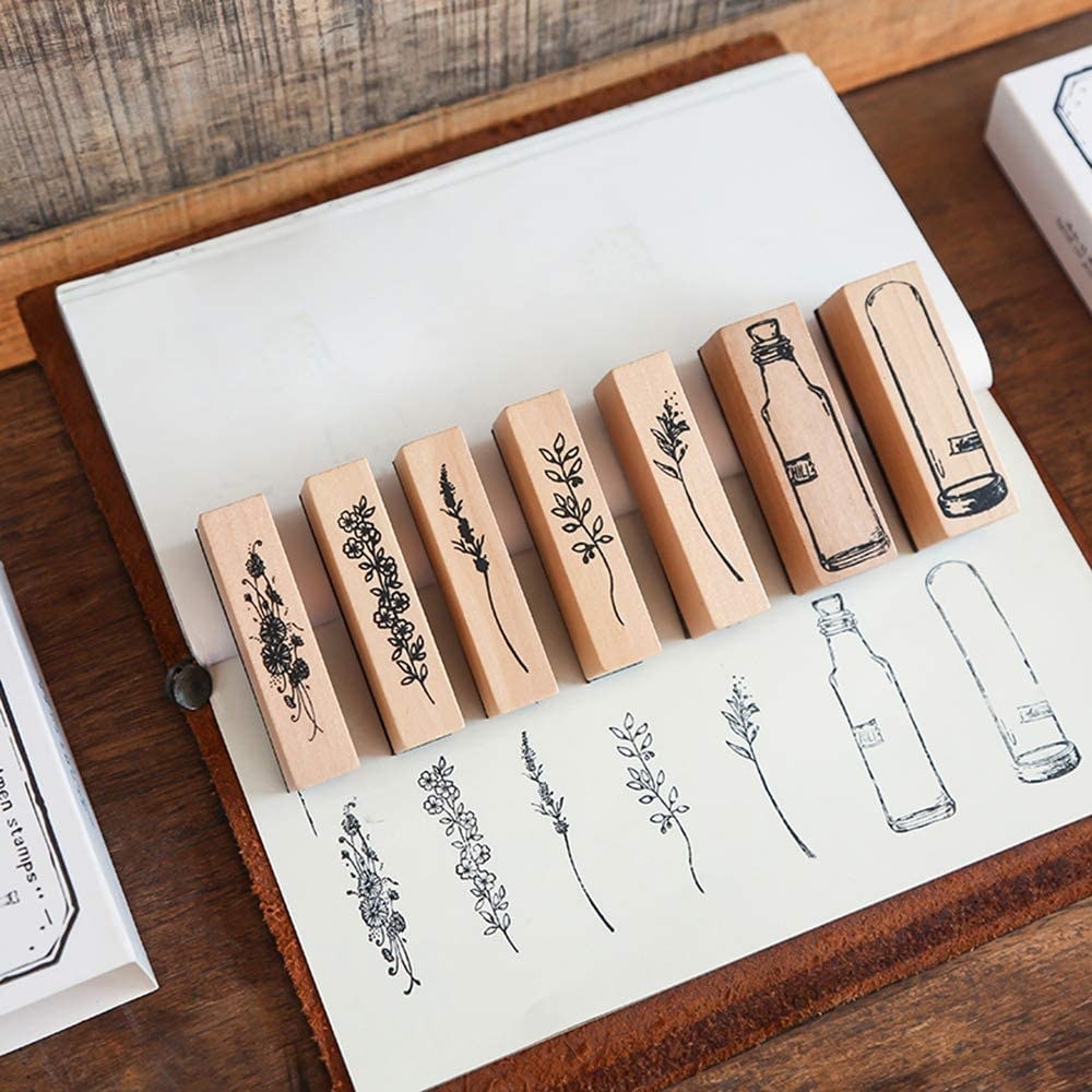Thin wooden stamps with floral stem and long bottle images 