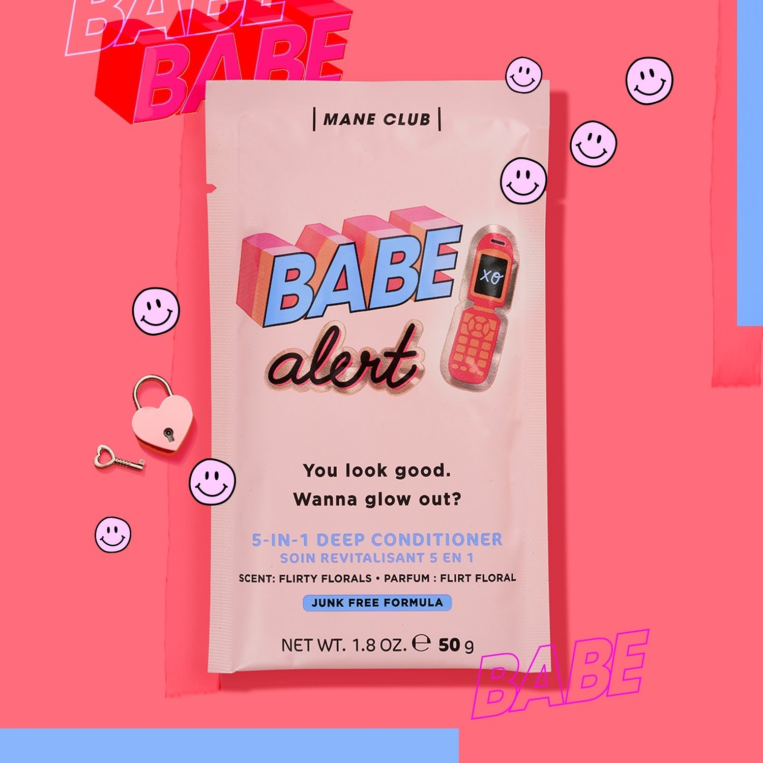 a pink packet of 5-in-1 deep conditioner with a fun font on it that says &quot;babe alert&quot;