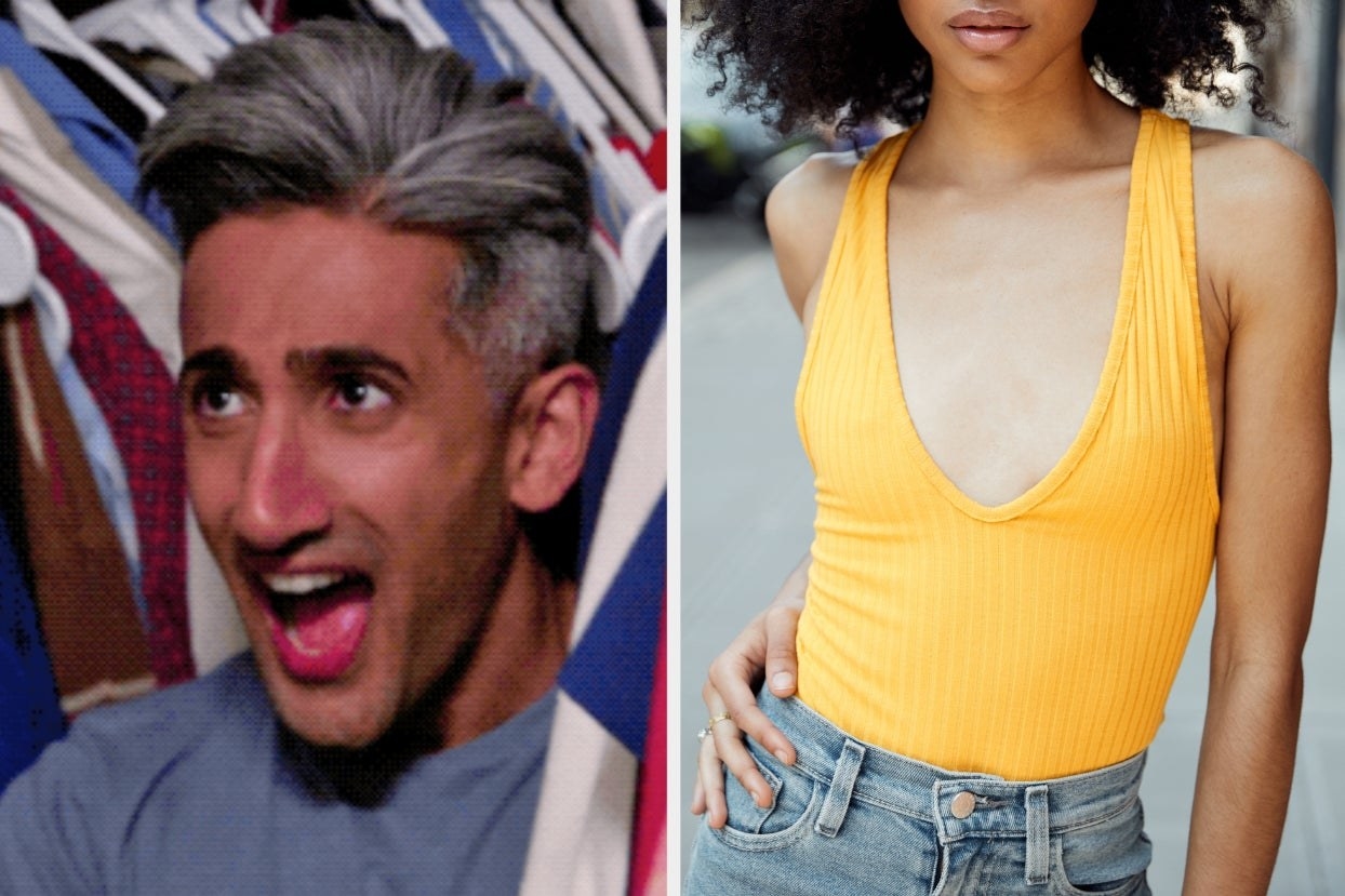 On the left, Tan France opening his mouth wide in horror on an episode of &quot;Queer Eye,&quot; and on the right, someone posing while wearing a body suit with a deep v and high-rise jeans  