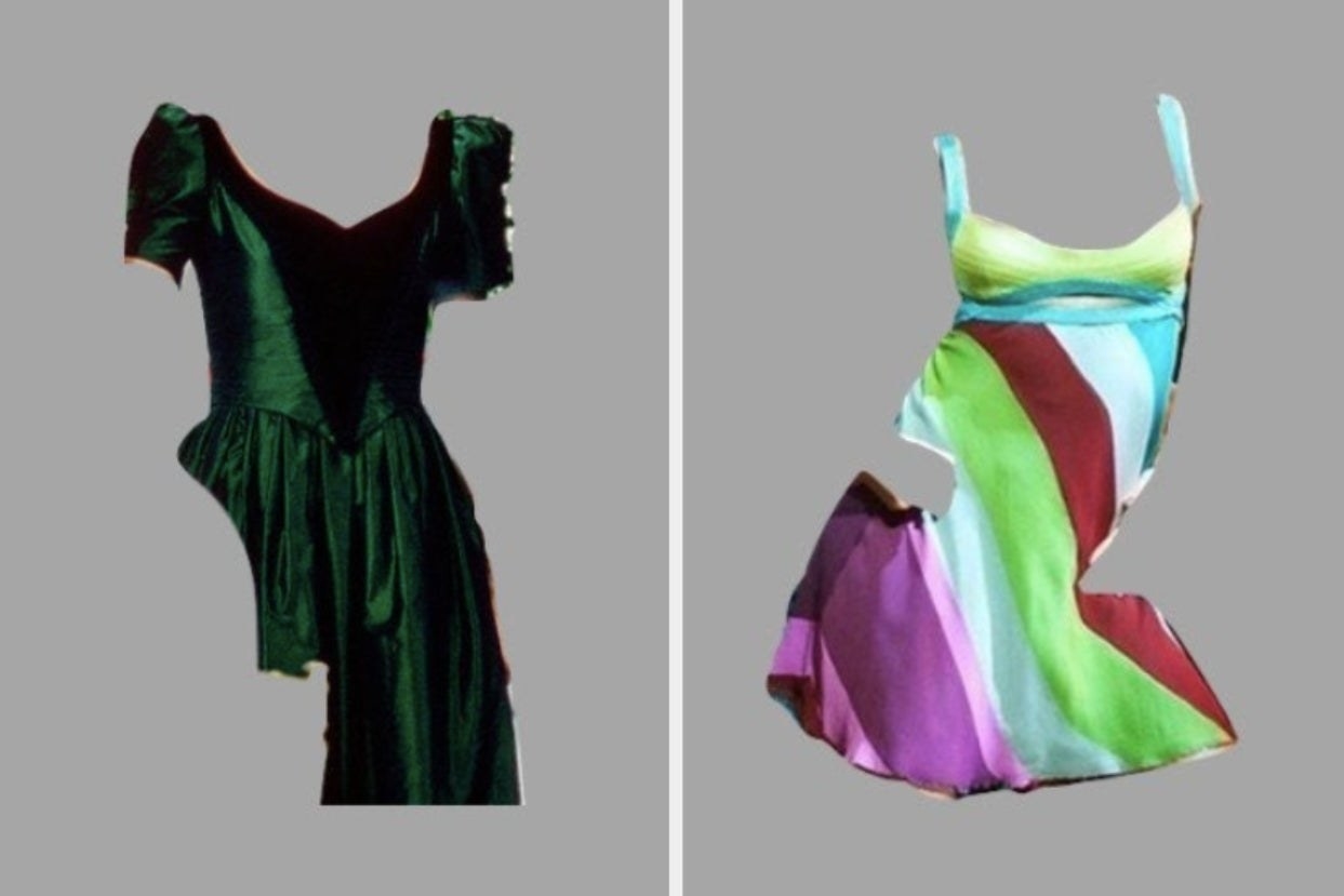 the green dress from when harry met sally on the right and the multi-colored dress from 13 going on 30 on the right 