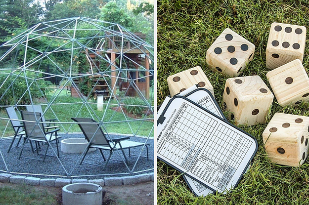 dome trellis over seating area, giant die and game boards