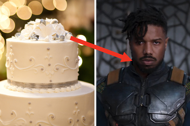 A two tier wedding cake and Michael B. Jordan as Killmonger in the movie