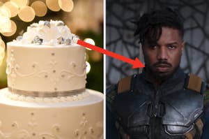 A two tier wedding cake and Michael B. Jordan as Killmonger in the movie "Black Panther."