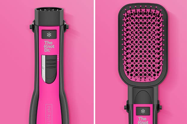 Split image of the Knot Dr.® All-In-One Smoothing Dryer Brush&#x27;s handle as well as a close up of its paddle-shaped pink brush head. 