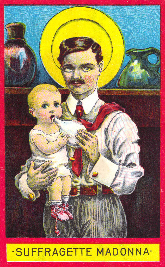 A man holding a baby, with &quot;Suffragette Madonna&quot; written underneath