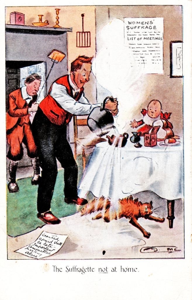 &quot;The Suffragette not at home&quot; written under a man struggling to make tea for his family