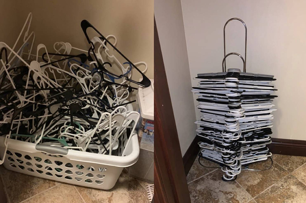 a before and after photo for a hanger stacker