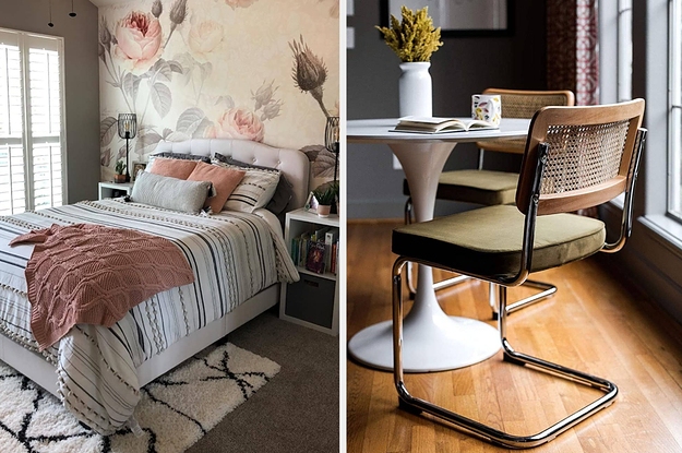 a reviewer's floral mural and a cantilevered dining room chair