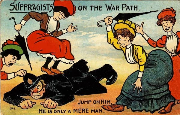 "Suffragists on the War Path," written over women hurting police officer, with captions that read, "Jump on him, he is only a mere man"