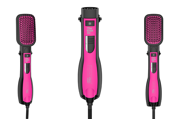 Image of Knot Dr.® All-In-One Smoothing Dryer Brush from three separate angles; from left to right: the brush faces right, the detached handle faces forward, and the brush faces forward. 