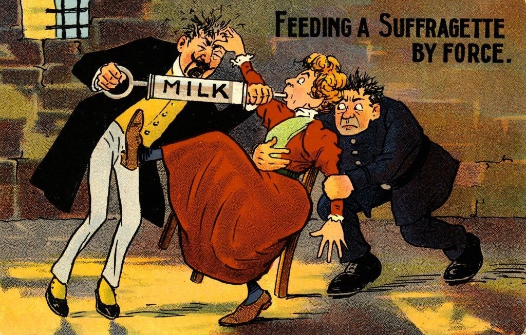 &quot;Feeding a Suffragette by force&quot; written next to men force-feeding a woman milk