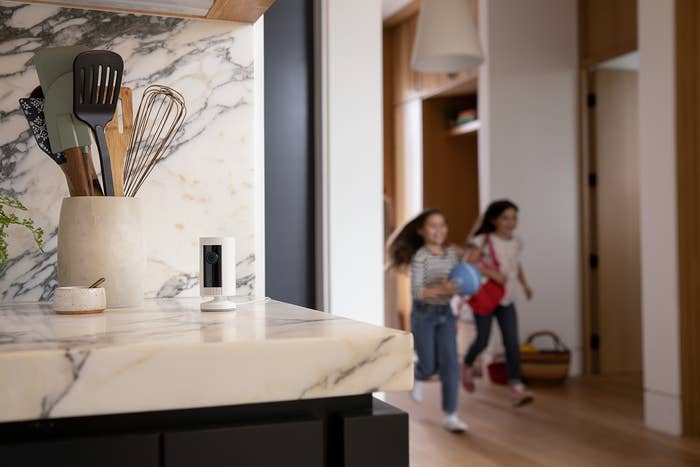 The Indoor Cam sitting on a counter with young girls running in the background