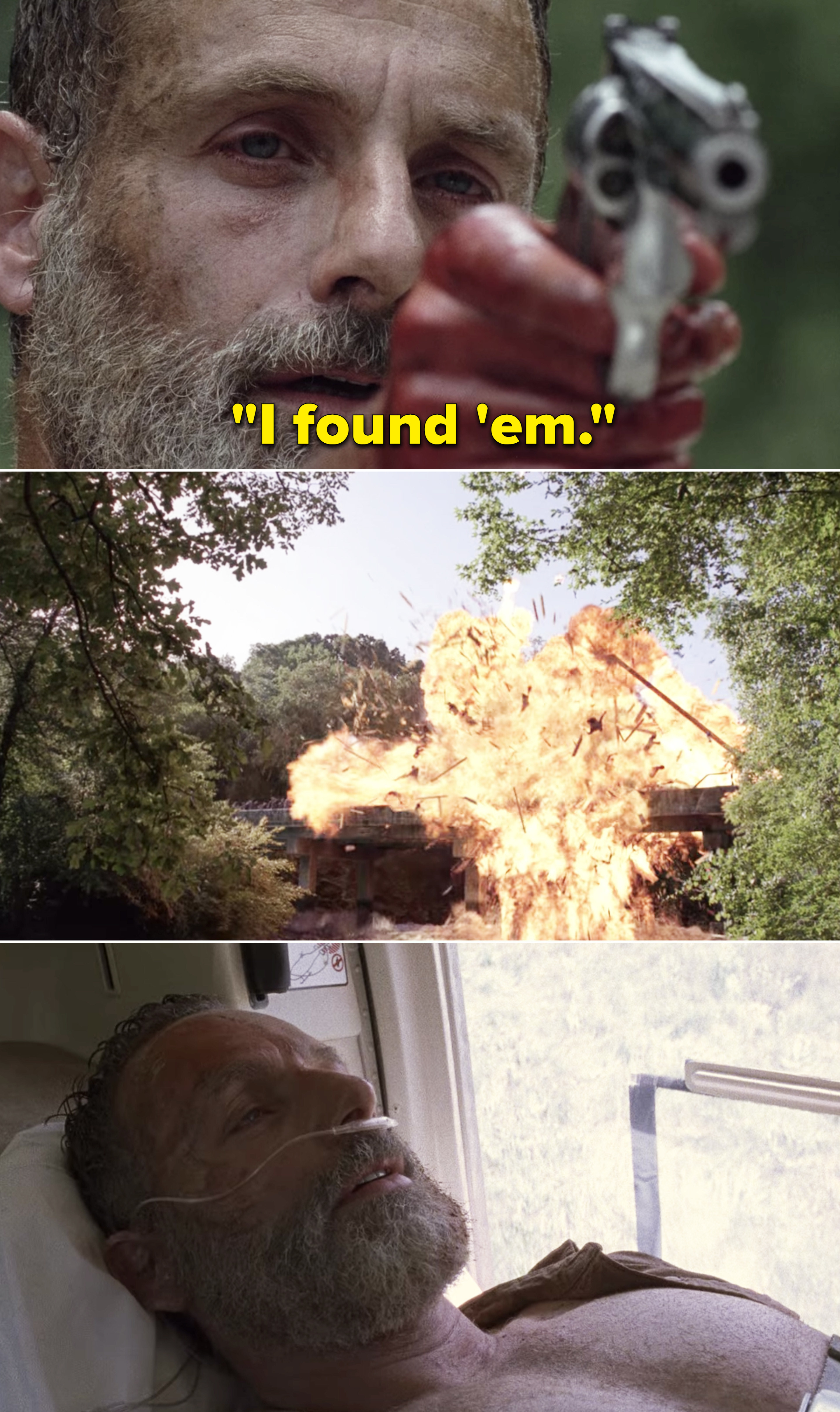 Rick saying, &quot;I found &#x27;em&quot; before blowing up a bridge