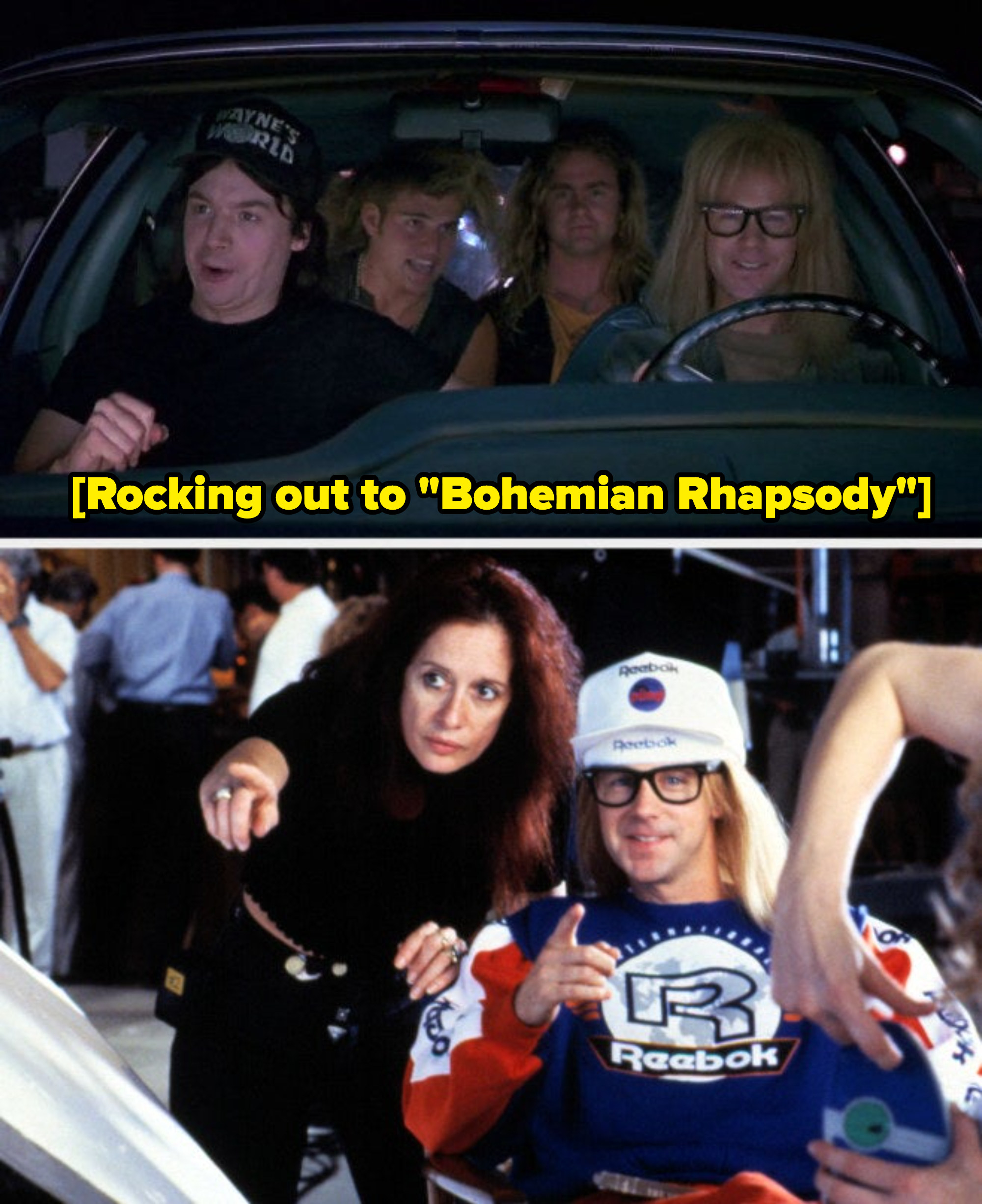 Wayne, Garth, and friends rocking out to &quot;Bohemian Rhapsody&quot; in &quot;Wayne&#x27;s World&quot;; Penelope Spheeris directing Dana Carvey behind the scenes of &quot;Wayne&#x27;s World&quot;