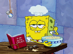 SpongeBob with a cookbook open in front of him and wearing a chef&#x27;s hat, tasting something he&#x27;s mixing in a bowl