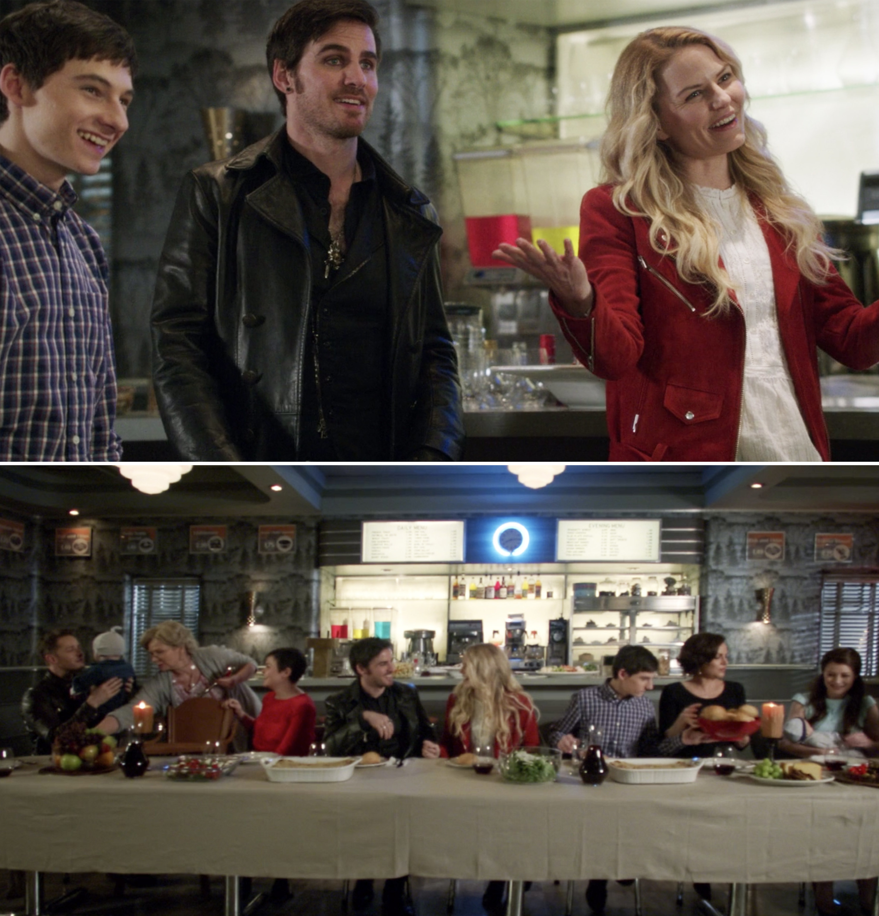 Hook, Emma, Charming, Snow, and their friends having lunch together