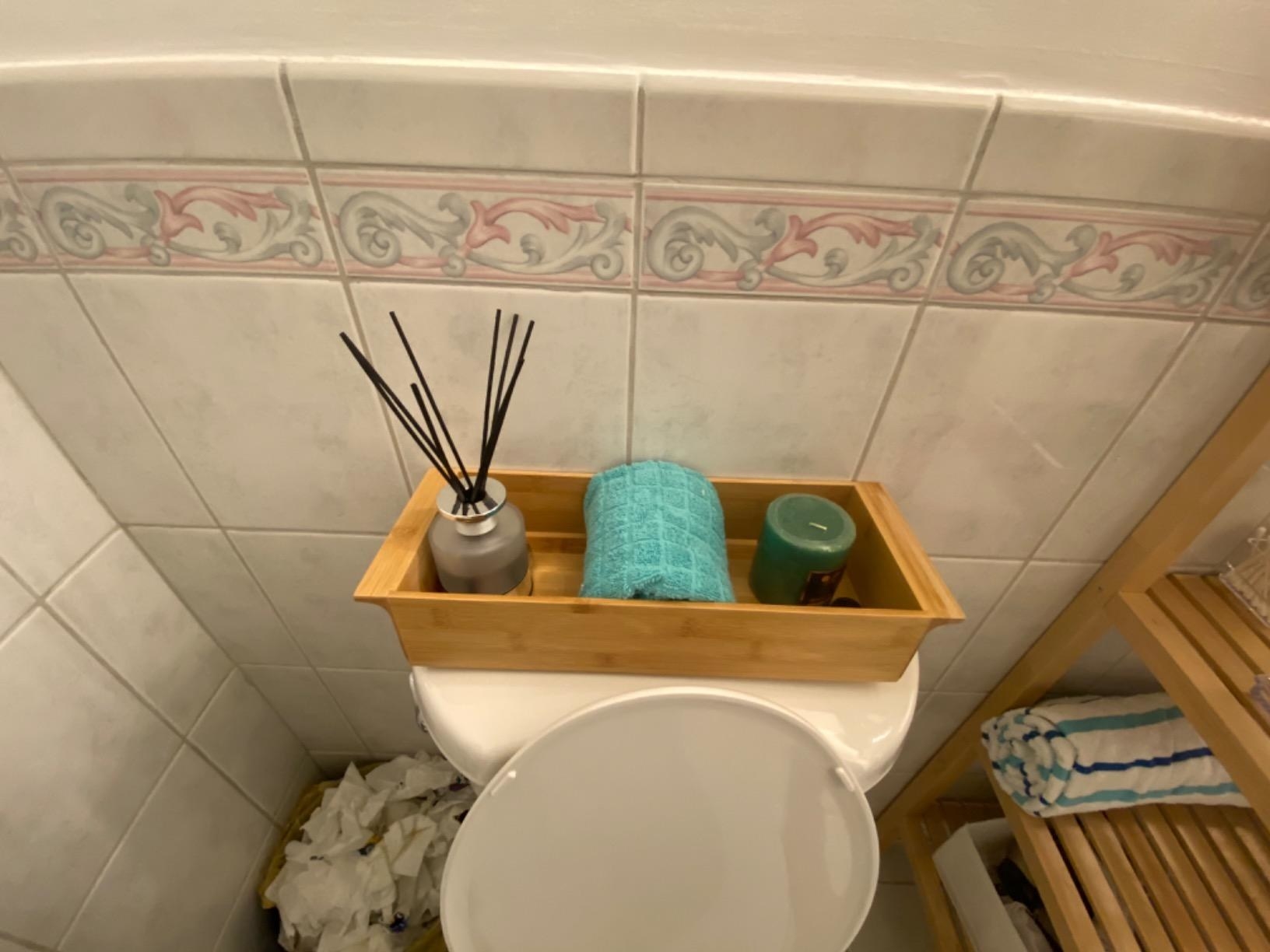 Reviewer photo of tray on top of toilet