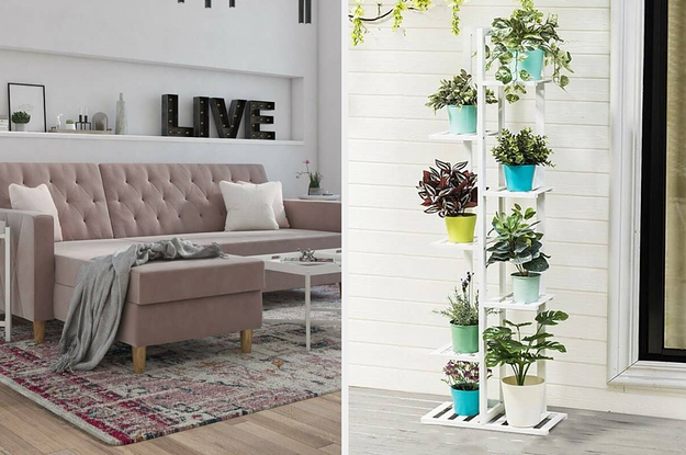 A blush velvet sectional on the left and a tiered plant stand on the right