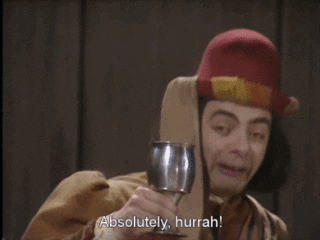 gif of Rowan Atkinson in &quot;Mr. Bean&quot; saying &quot;absolutely, hurrah&quot;