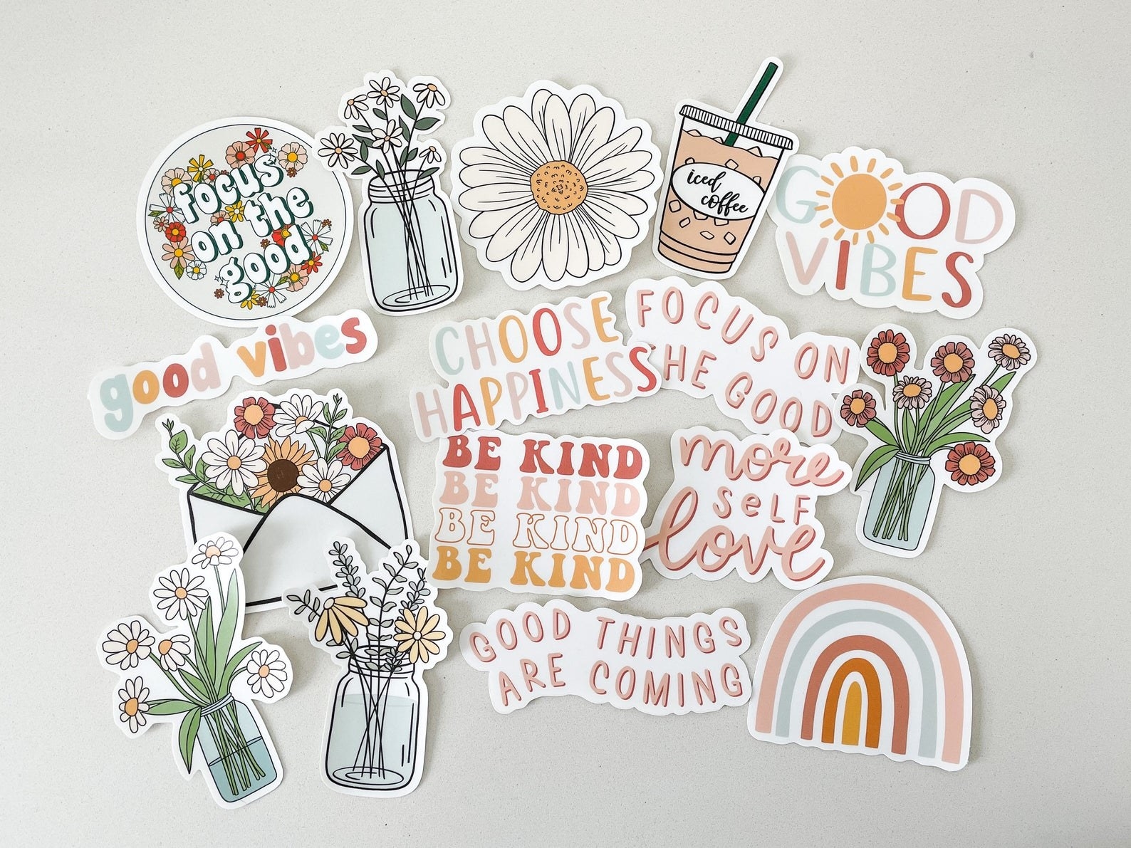 floral, rainbow, and coffee stickers