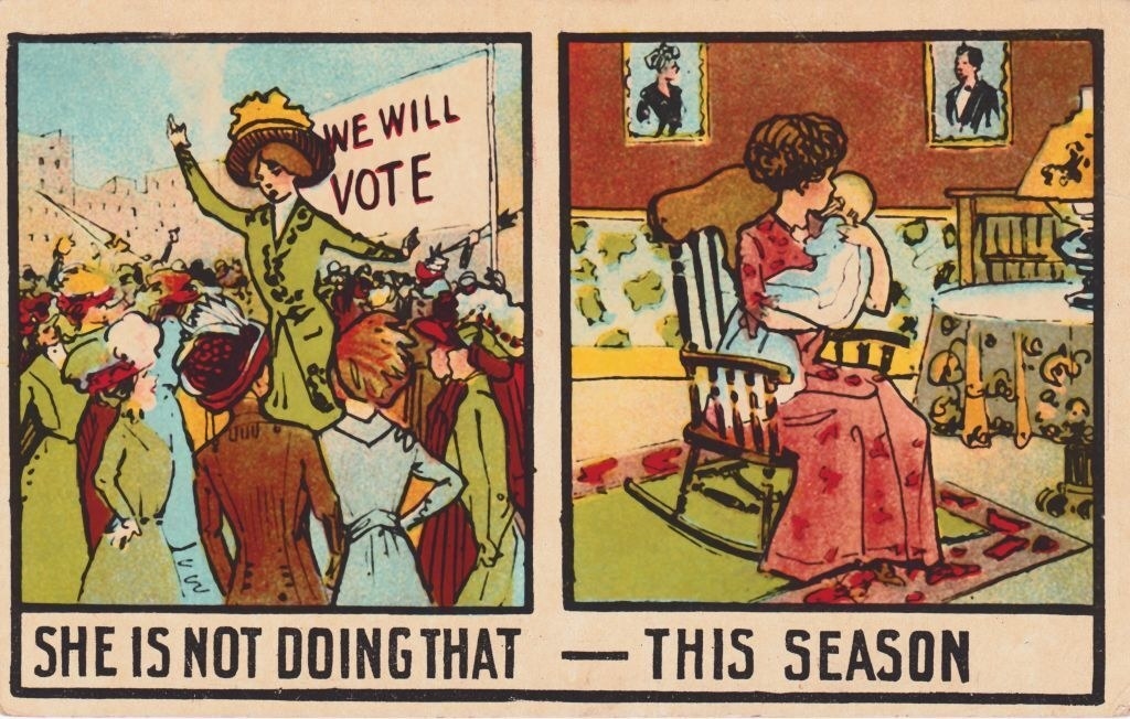 &quot;She is not doing that this season,&quot; written over a past Suffragette now holding a baby