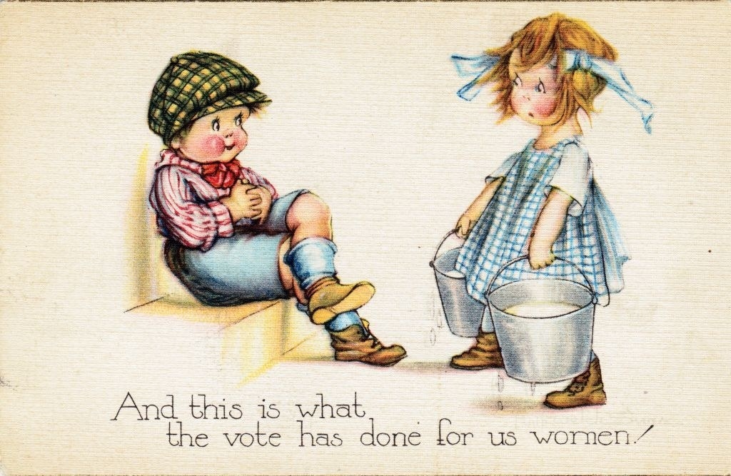 &quot;And this is what the vote has done for us women,&quot; written below a little girl holding buckets while a little boy watches and doesn&#x27;t help her