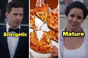 Andy Samberg as Jake Peralta and Melissa Fumero as Amy Santiago in the show "Brooklyn Nine-Nine" and hands pull apart a cheesy pizza.