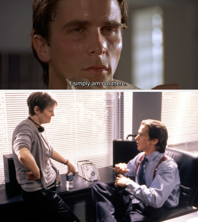 Patrick Bateman looking in the mirror while saying, &quot;I simply am not there&quot;; Mary Harron directing Christian Bale in &quot;American Psycho&quot;