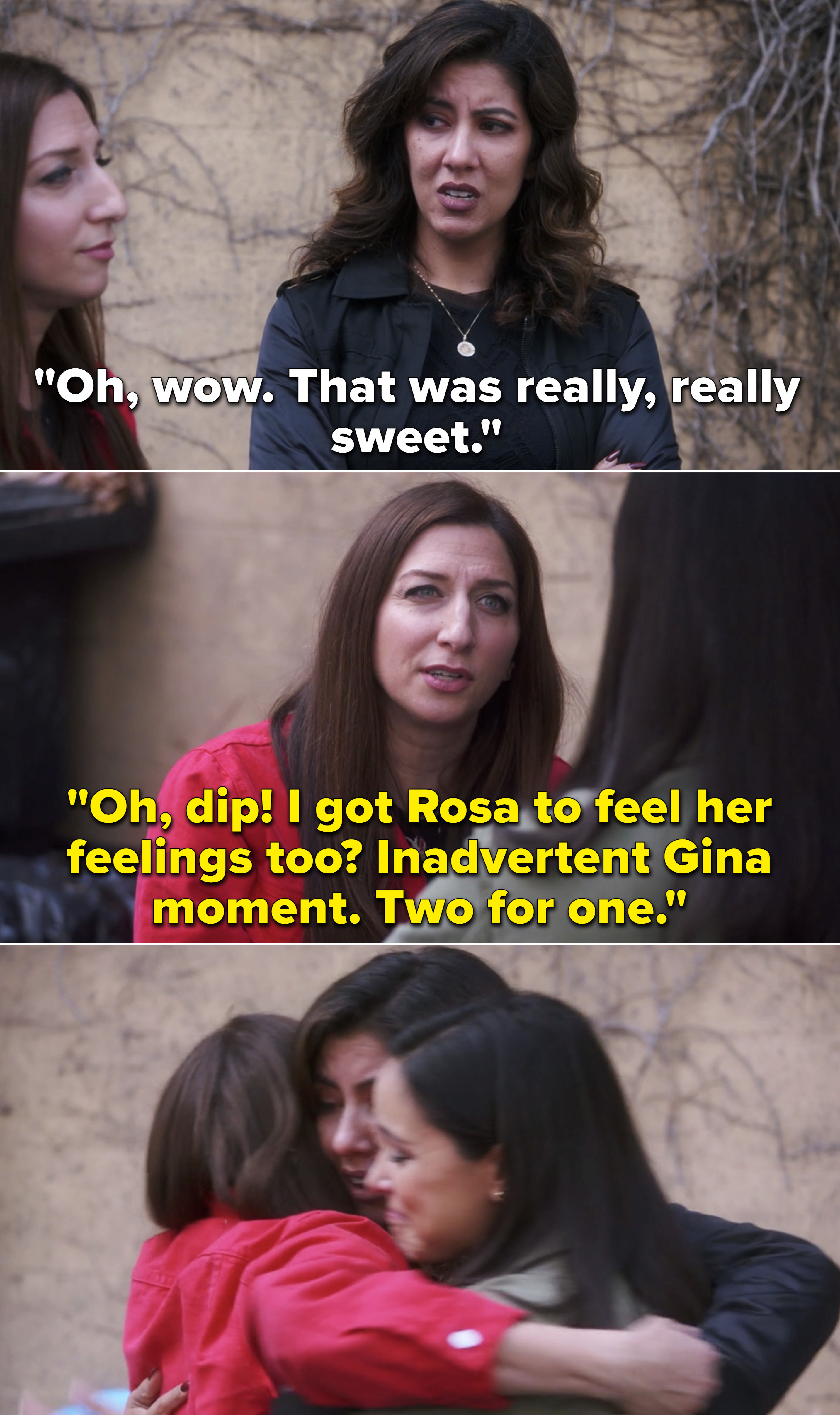 Rosa, Gina, and Amy hugging and Rosa crying