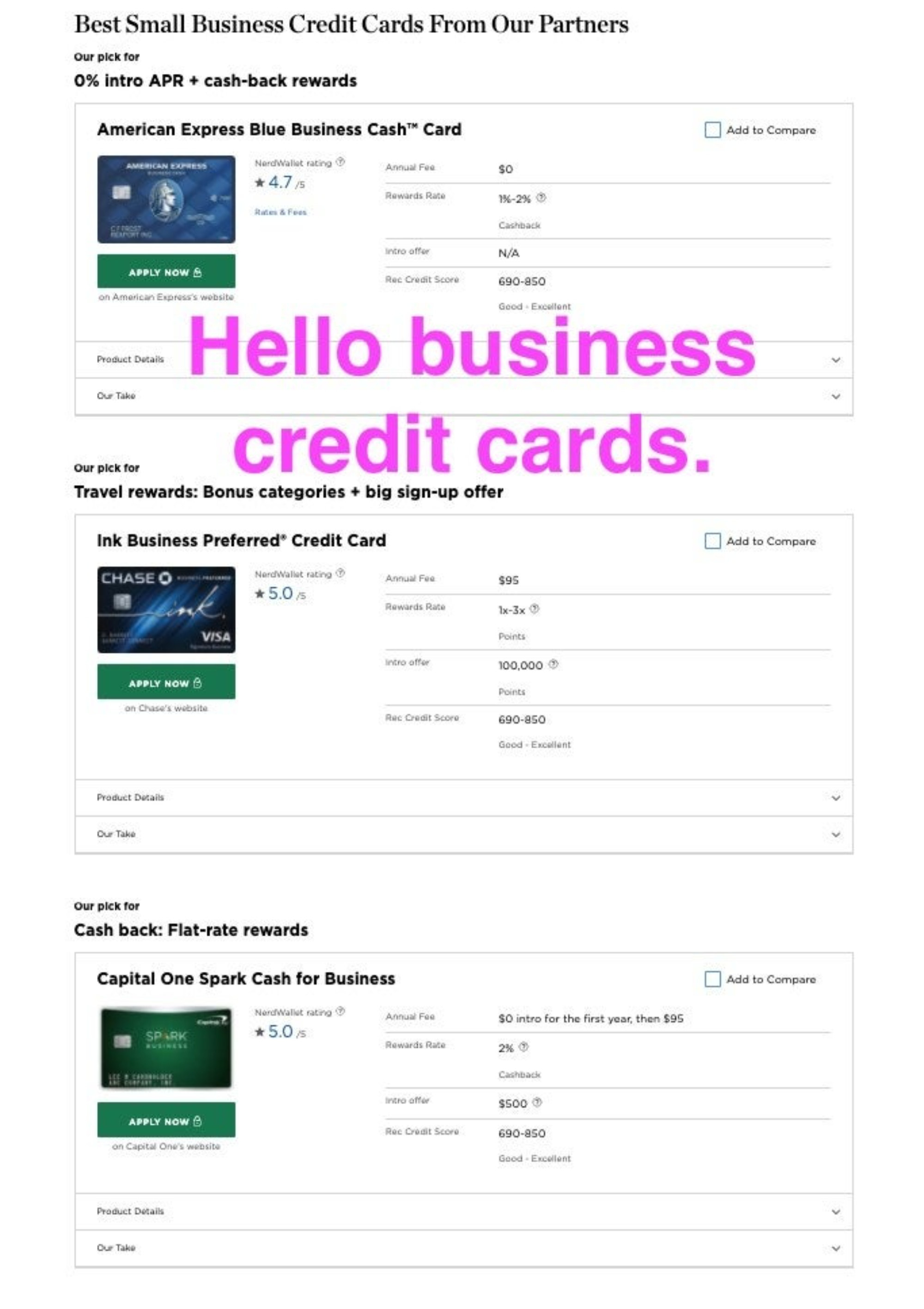 Screenshot of some business credit card options