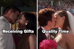 "Crazy Rich Asians" with words "Receiving Gifts" and "13 Going on 30" with words "Quality Time"