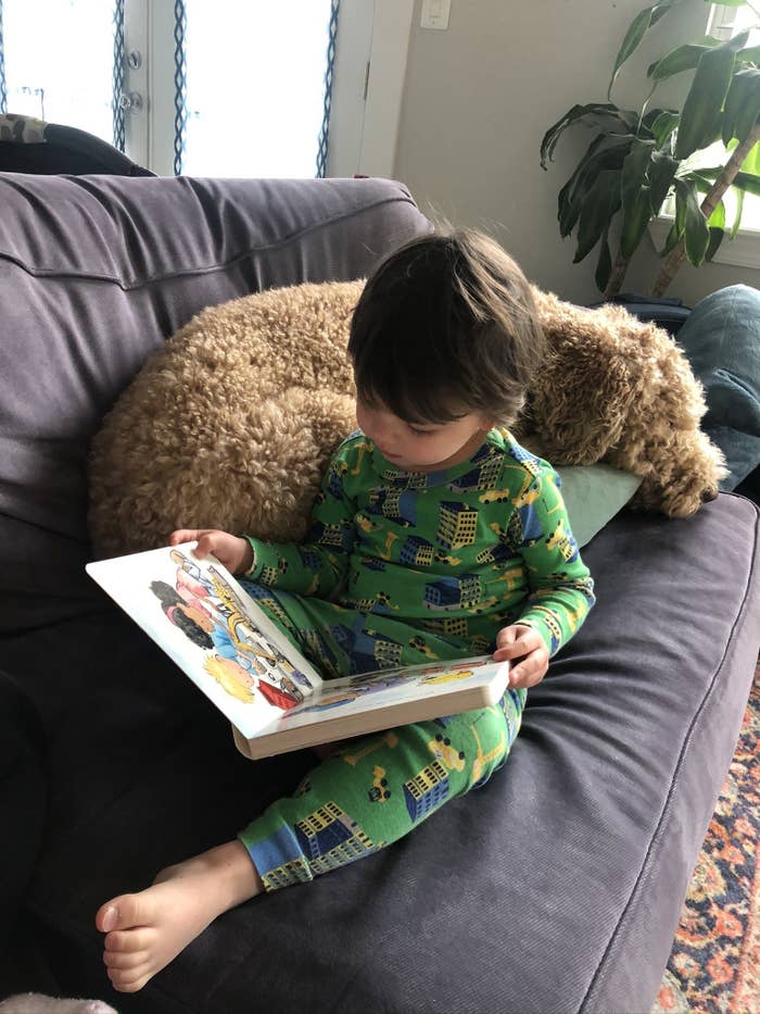 The author's son reads a book on a couch with his dog.