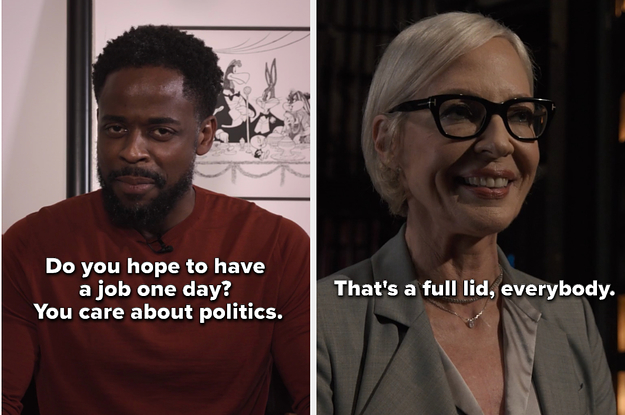 Dule Hill says, "Do you hope to have a job one day? You care about politics," and Allison Janney says, "That's a full lid, everybody"