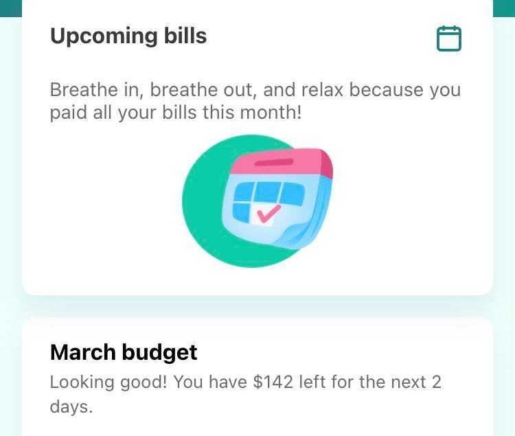 Screenshot of Mint budeting app showing bills for the month are paid