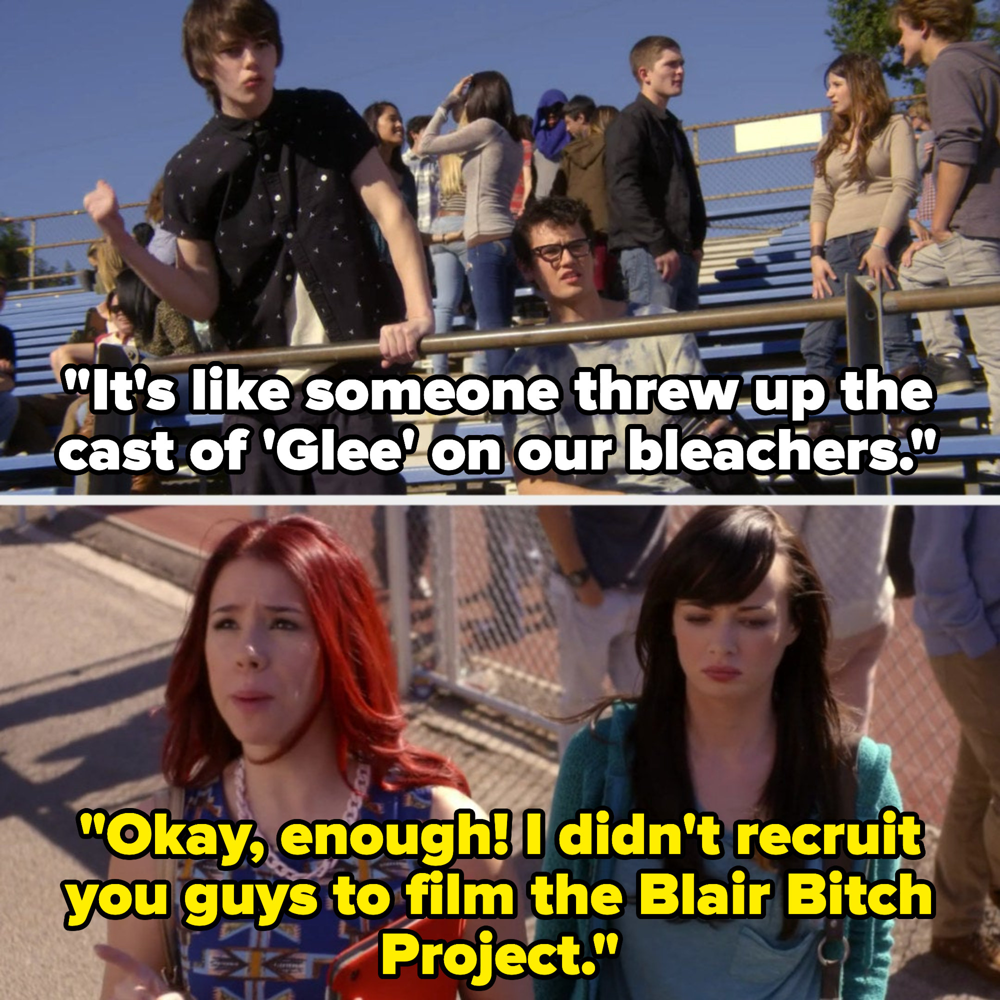 Theo and Cole say &quot;It&#x27;s like someone threw up the cast of &#x27;Glee&#x27; on our bleachers&quot; and Tamera says &quot;Okay, enough! I didn&#x27;t recruit you guys to film the Blair Bitch Project&quot;