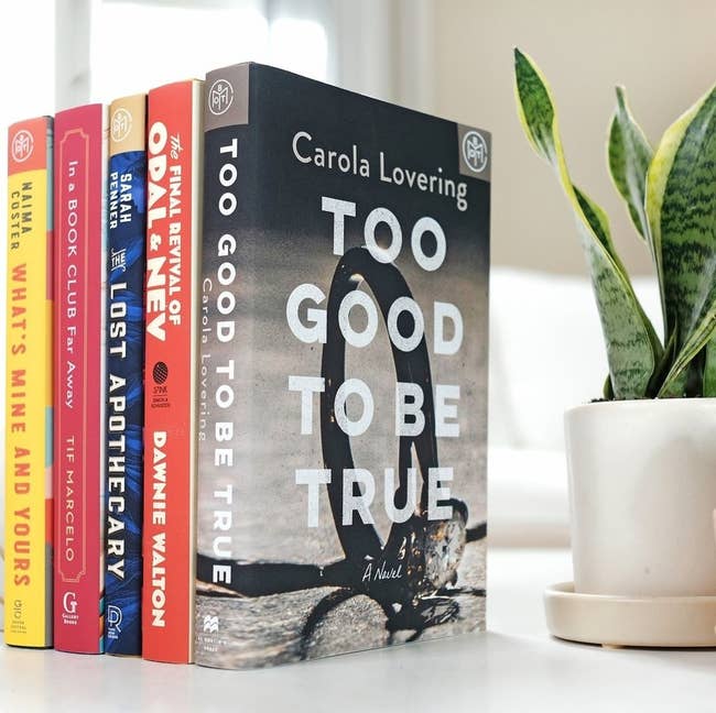 five books stacked next to each other next to a plant