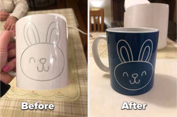 to the left: a white mug with a bunny cut out, to the right: the same mug blue after being pressed