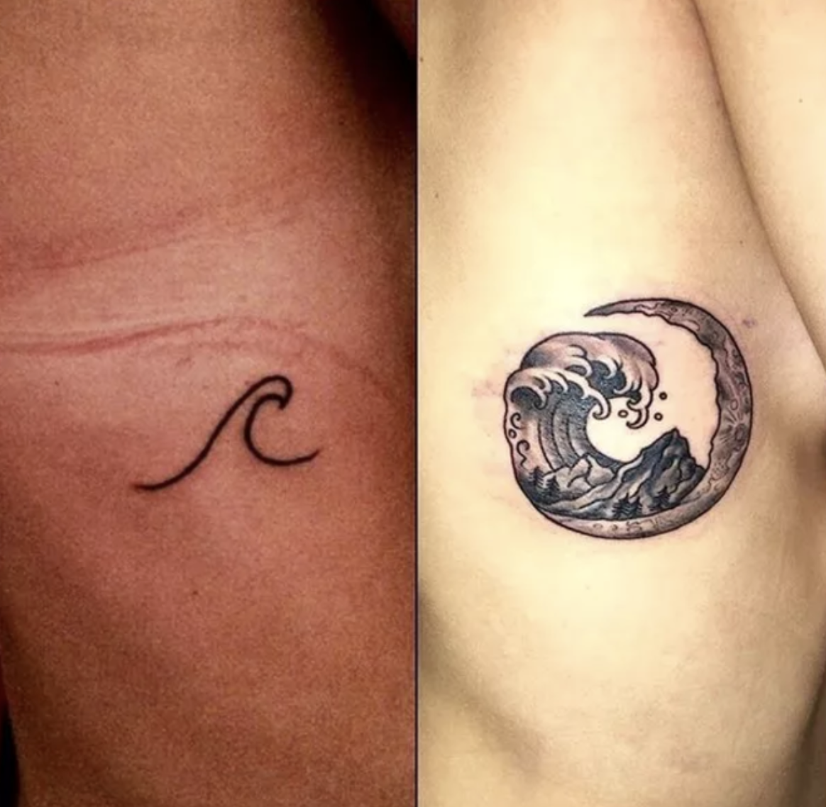 A tiny crooked wave tattoo and a bigger wave tatoo