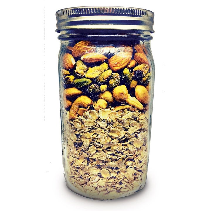 The granola ingredients in a jar