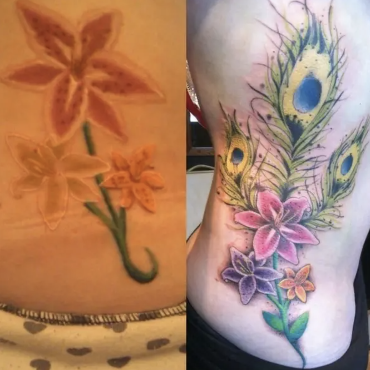 A botched tattoo of flowers and it&#x27;s cover-up of bigger and more vibrant flowers
