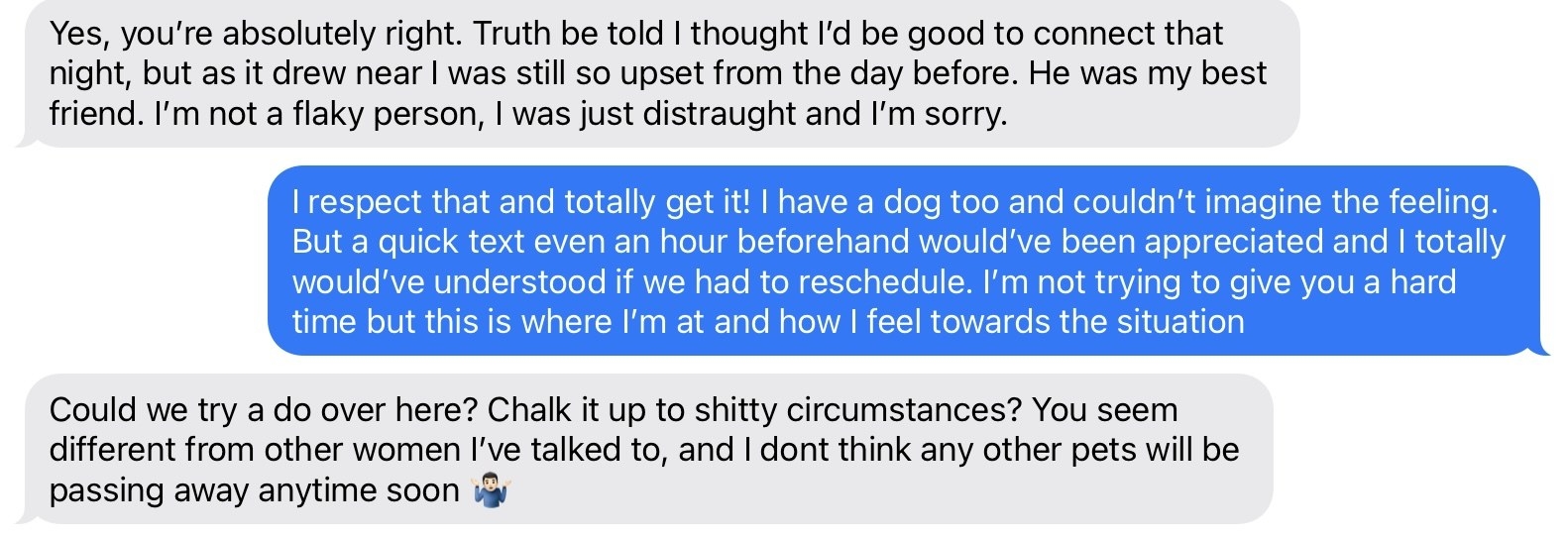 Screenshot of chat about his dog dying and that&#x27;s why he was too upset to FaceTime and her saying she understands, but &quot;a quick text even an hour beforehand would&#x27;ve been appreciated&quot;